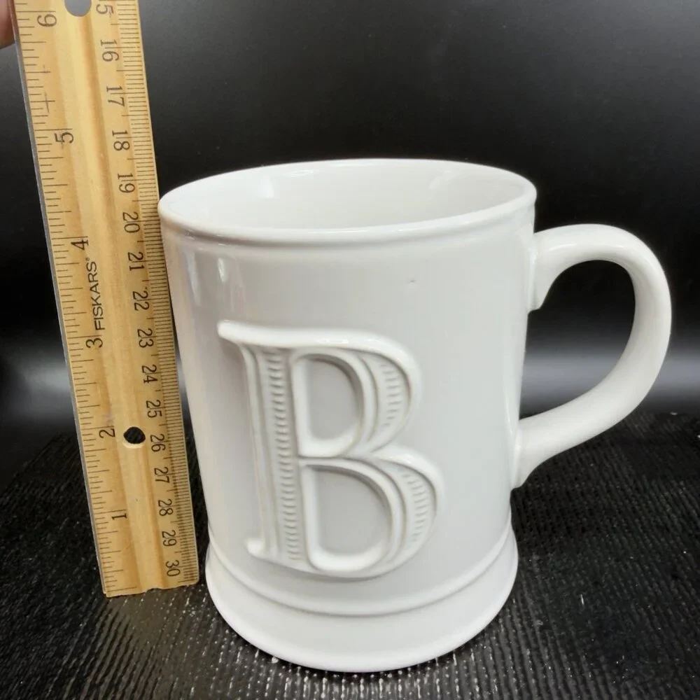 Pottery‎ Barn Monogram Letter B White Raised Letter Ceramic Stoneware Cup Mug